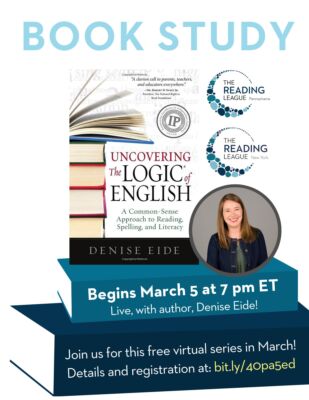 Book Study flyer with image of Logic of English with headshot of the author, Denise Eide. Logos of TRL-PA and TRL-NY